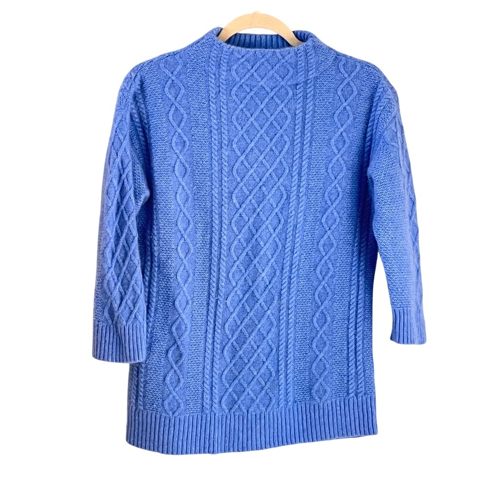 Talbots Cashmere Sweater M Women Cable Mock Neck Blue 3/4 Sleeve Classic Luxury